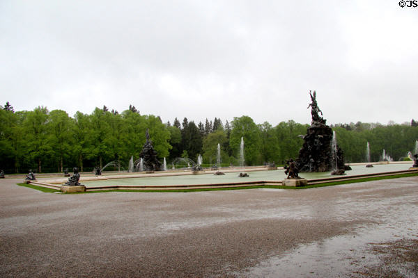 Fortuna & Fama fountains at Herrenchiemsee New Palace. Chiemsee, Germany.