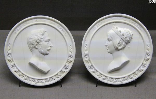 Porcelain portrait reliefs of King Maximilian II & Queen Marie of Bavaria (c1850) by Nymphenburg Manufactory at Ludwig II Museum. Chiemsee, Germany.