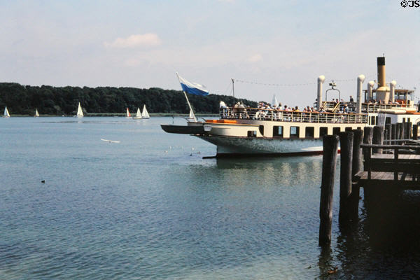 Tourist ferry between town of Prien am Chiemsee & Herren Insel, location of Herrenchiemsee New Palace. Chiemsee, Germany.