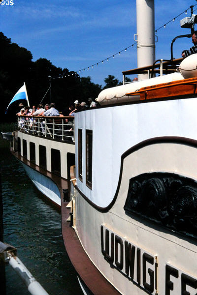 Tourist ferry between town of Prien am Chiemsee & Herren Insel, location of Herrenchiemsee New Palace. Chiemsee, Germany.