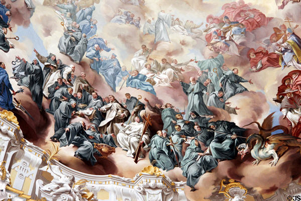 Detail of frescoes by Johann Jakob Zeiller on dome of Ettal Benedictine Abbey. Ettal village, Germany.