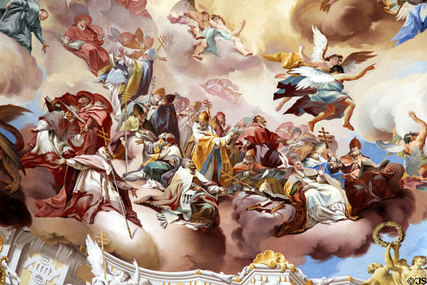 Detail of frescoes by Johann Jakob Zeiller on dome of Ettal Benedictine Abbey. Ettal village, Germany.
