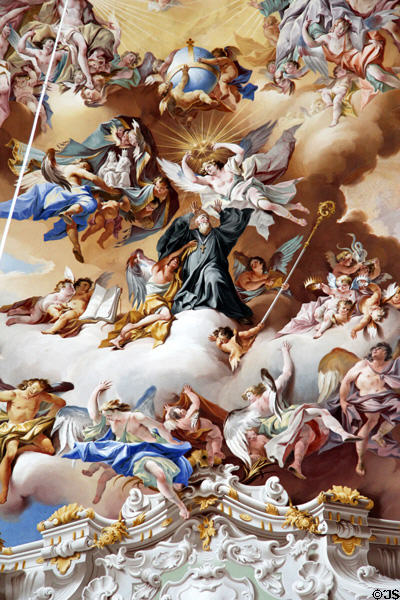 Detail of frescoes by Johann Jakob Zeiller on dome of Ettal Benedictine Abbey. Ettal village, Germany.