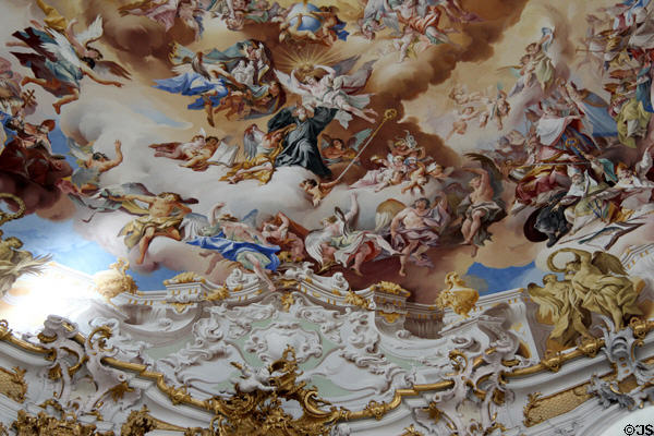 Detail of frescoes by Johann Jakob Zeiller on dome of Ettal Benedictine Abbey. Ettal village, Germany.