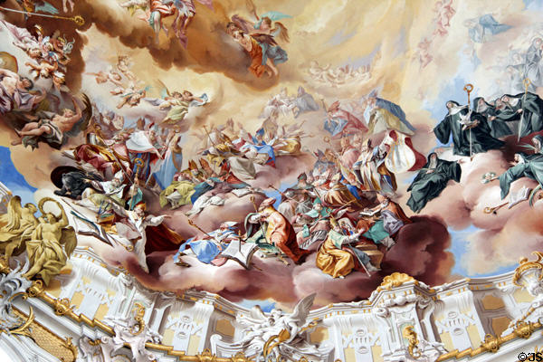 Detail of frescoes by Johann Jakob Zeiller on dome of Ettal Benedictine Abbey. Ettal village, Germany.