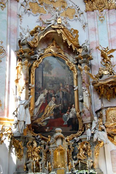 Baroque altar with painting of St Corbinian at Ettal Benedictine Abbey. Ettal village, Germany.