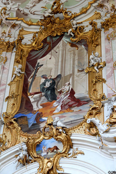 Baroque painting (1752) by Jo. Jacob Zeiller of King Ludwig receiving statue of Madonna & Child, later an object of pilgrimage for which Ettal Benedictine Abbey is known. Ettal village, Germany.