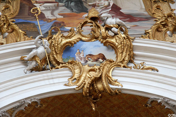 Baroque painting (1752) by Jo. Jacob Zeiller of King Ludwig's horse genuflecting before statue of Madonna & Child, an event which lead to the founding of Ettal Benedictine Abbey. Ettal village, Germany.