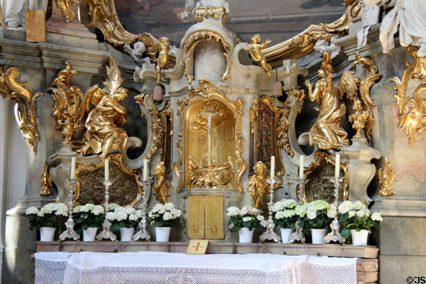 Gilded baroque altar carving at Ettal Benedictine Abbey. Ettal village, Germany.