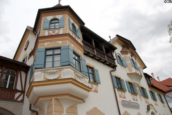 Balcony, oriel window & decorative elements on facade of Bavarian Kings Museum. Füssen, Germany.