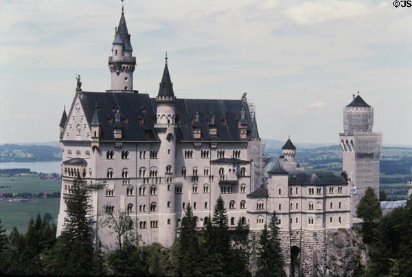 Neuschwanstein Castle (1886) on a rugged cliff near Füssen. Füssen, Germany.