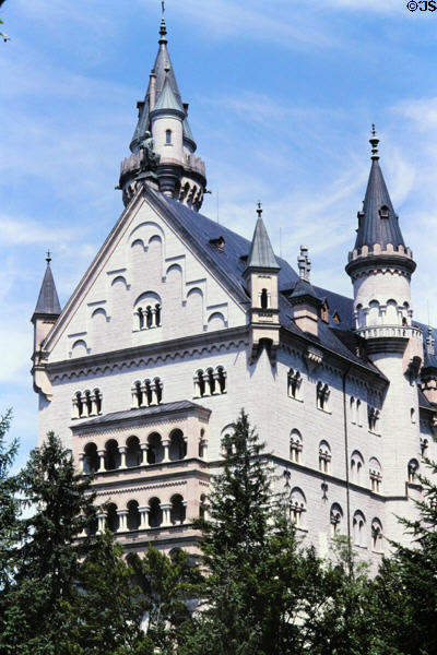Turrets & balconies of west face of Neuschwanstein Castle. Füssen, Germany.
