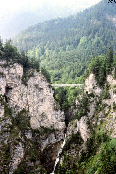 Marienbrücke pedestrian bridge between two rocky cliffs on grounds of Neuschwanstein Castle. Füssen, Germany.