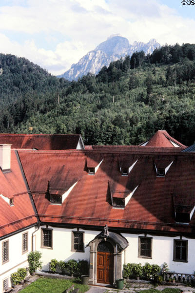 Building adjacent to St Coloman with steep roof & dormer windows Schwangau. Füssen, Germany.