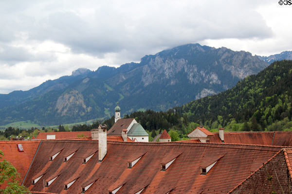 Alps over Franciscan Monastery Church. Füssen, Germany.