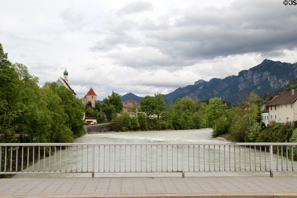 View from Lech River to St Stephan Church. Füssen, Germany.