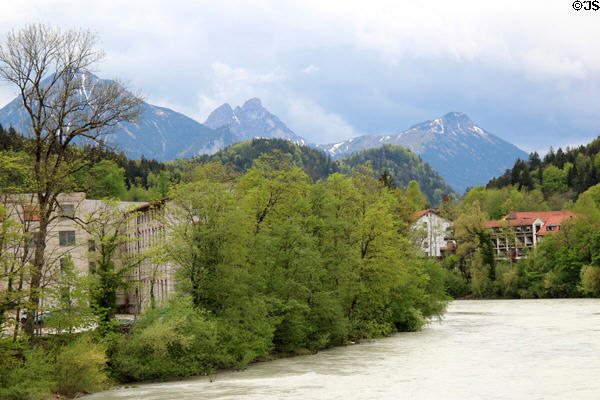 Alps over Lech River. Füssen, Germany.