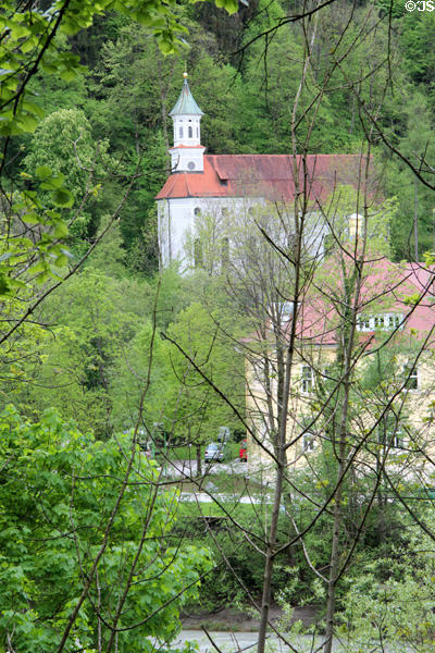 View from Lech River to Frauenkirche. Füssen, Germany.