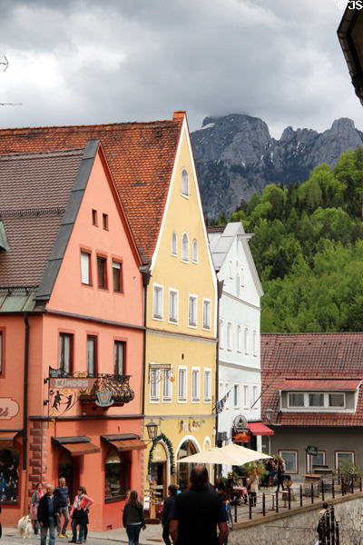 Streetscape along Lechhalde under Alps. Füssen, Germany.
