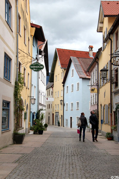 Street lined with buildings of typical Bavarian design. Füssen, Germany.