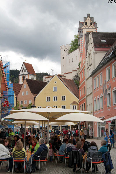 Open air café on Reichenstrasse main pedestrian zone. Füssen, Germany.