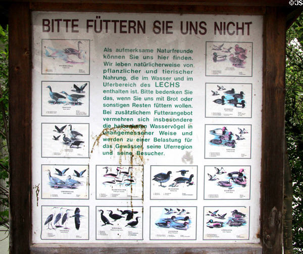 Sign illustrating all the water birds which can be found in area. Füssen, Germany.