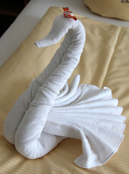 Bath towel folded into shape of swan. Füssen, Germany.