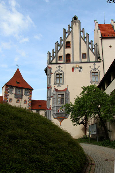 Ornate building with Bishop's symbol at Hohes Schloss zu Füssen. Füssen, Germany.