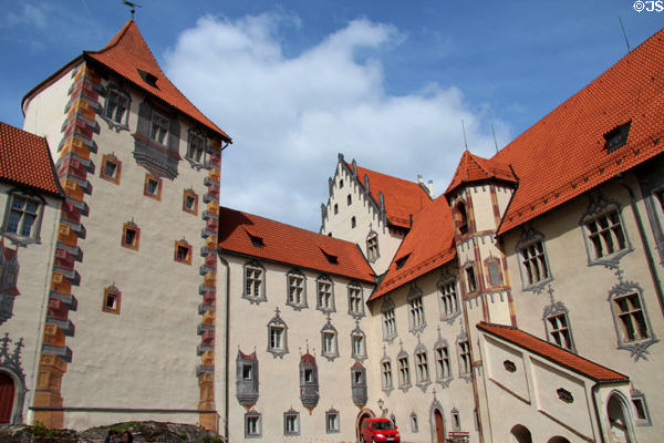 Buildings of many shapes & varied decorative elements at Hohes Schloss zu Füssen. Füssen, Germany.