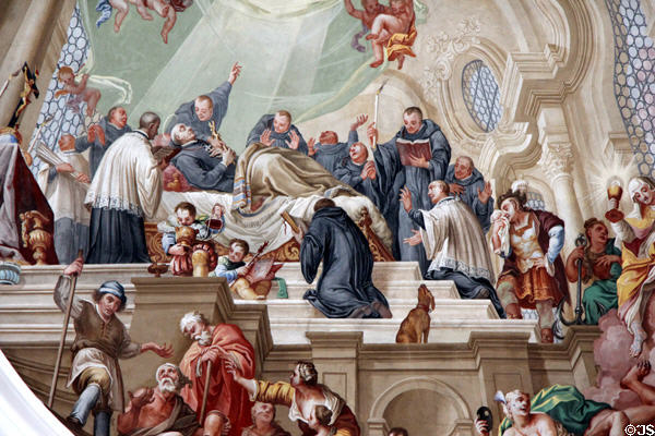 Detail of death of St Magnus of Füssen ceiling fresco from life of St Mang at Basilica St Mang. Füssen, Germany.