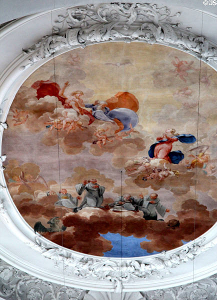 St Magnus of Füssen raised to heaven ceiling fresco from life of St Mang at Basilica St Mang. Füssen, Germany.
