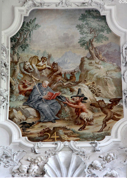 St Magnus of Füssen with monsters ceiling fresco from life of St Mang at Basilica St Mang. Füssen, Germany.