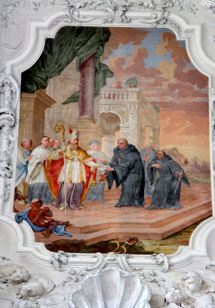 St Magnus of Füssen with bishop & clerics ceiling fresco from life of St Mang at Basilica St Mang. Füssen, Germany.