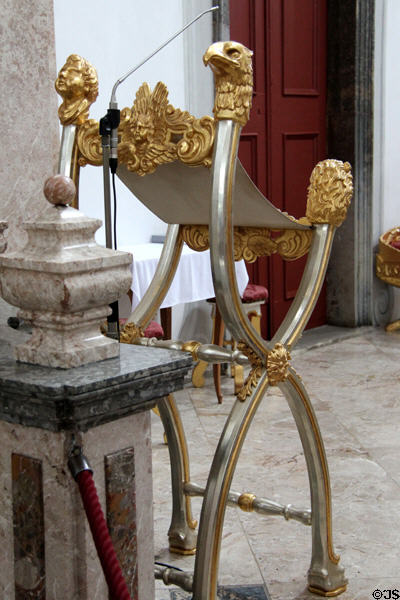 Lectern with carvings of symbols representing the four Evangelists at Basilica St Mang. Füssen, Germany.