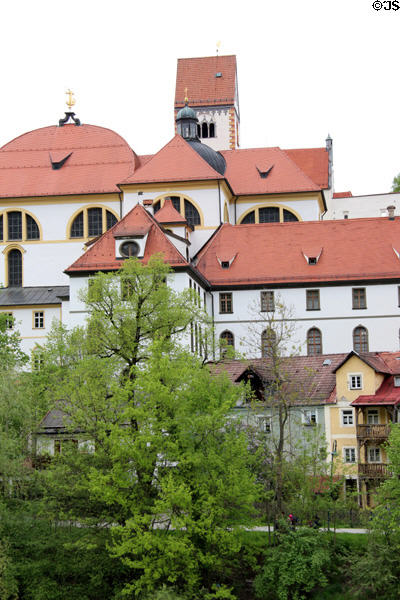 Kloster St Mang viewed from bank of Lech River. Füssen, Germany.