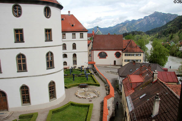 View of Alps & Lech River from Kloster St Mang. Füssen, Germany.