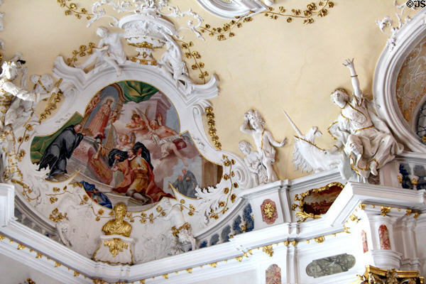 Corner fresco representing Church & State in Imperial Hall at Museum of City of Füssen in Kloster St Mang. Füssen, Germany.