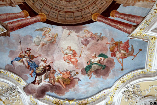 Ceiling fresco in Imperial Hall at Museum of City of Füssen in Kloster St Mang. Füssen, Germany.