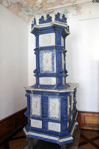 Ceramic heating stove at Museum of City of Füssen in Kloster St Mang. Füssen, Germany.