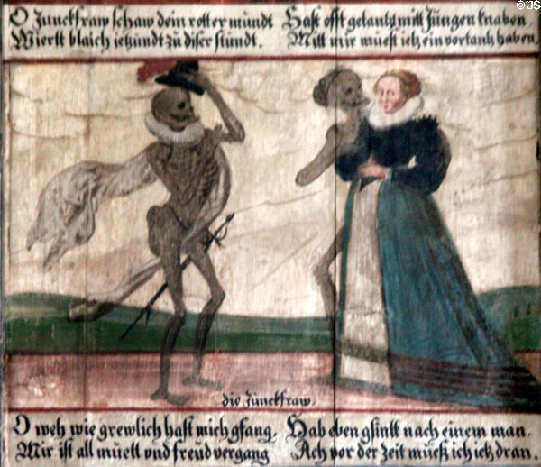 Young woman panel from Dance of Death series at Museum of City of Füssen. Füssen, Germany.