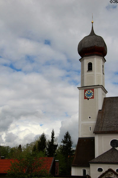 St Aegidius parish church with onion dome tower. Gmund am Tegernsee, Germany.