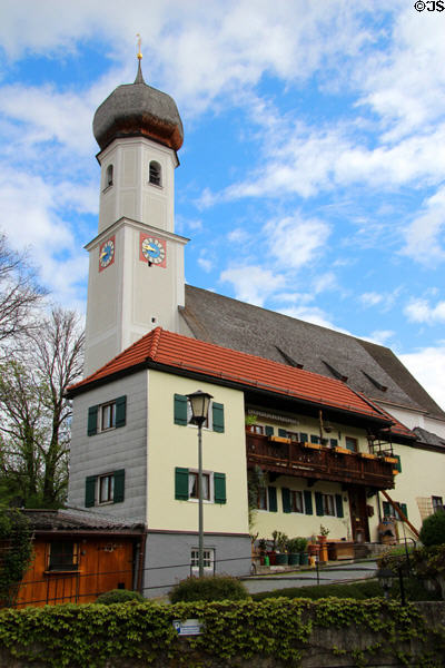 St Aegidius parish church with onion dome tower. Gmund am Tegernsee, Germany.