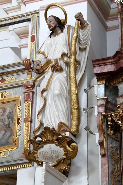 Statue of St Jude Thaddeus, Apostle, with his attribute, a club, at St Aegidius parish church. Gmund am Tegernsee, Germany.