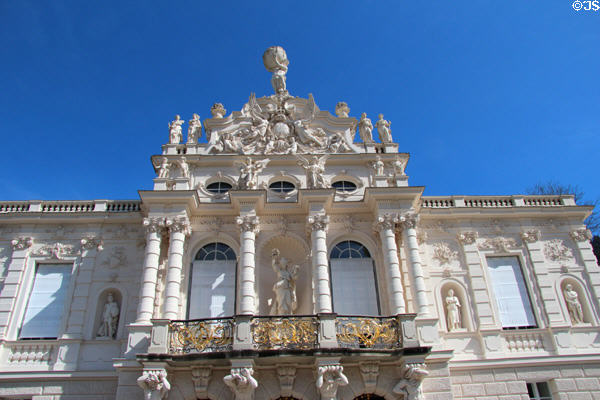Ornate carvings on front facade of Linderhof Castle. Ettal, Germany.