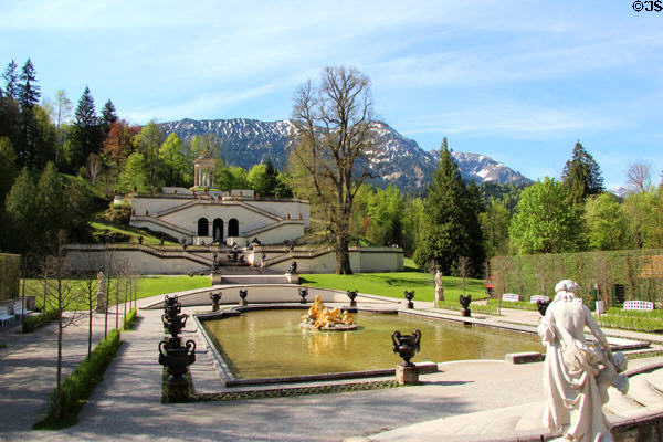 Park & Ammergau Alps seen from Linderhof Castle. Ettal, Germany.