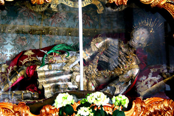 Relics of saint in crypt in St Lorenz Basilica. Kempten, Germany.