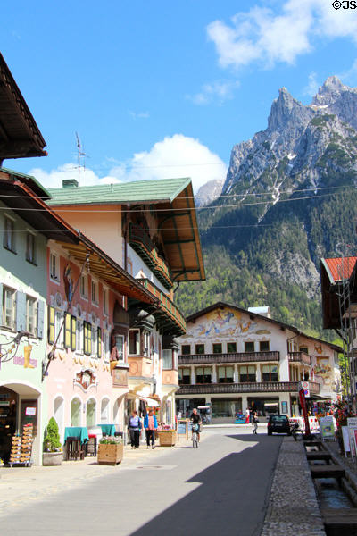 Historic town of Mittenwald with Alps foothills in background. Mittenwald, Germany.