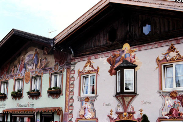 Buildings with paintings of religious & local themes. Mittenwald, Germany.