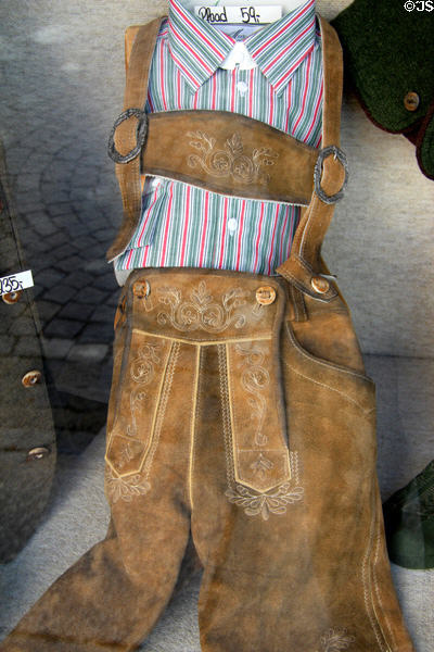 Ledderhosen displayed in shop window. Mittenwald, Germany.