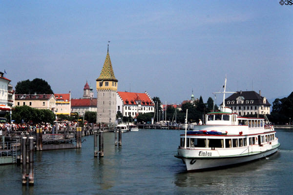Excursion boat arriving at Lindau port. Lindau im Bodensee, Germany.